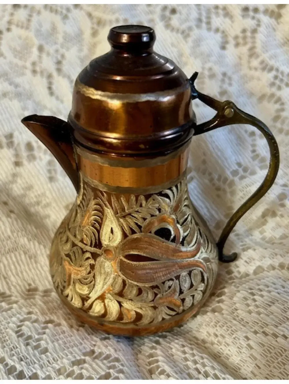 Vintage Copper and Brass Decorative Pitcher with Lid